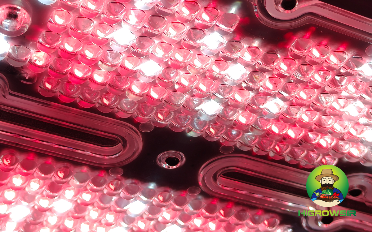 Close up real product photo of high transmittance PC lens and LED diode matrix on a 1500W fixture