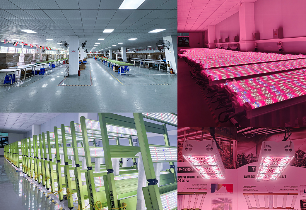 HIGROWSIR LED grow light manufacturing facility with fixture production, assembly and performance testing for commercial cultivation.