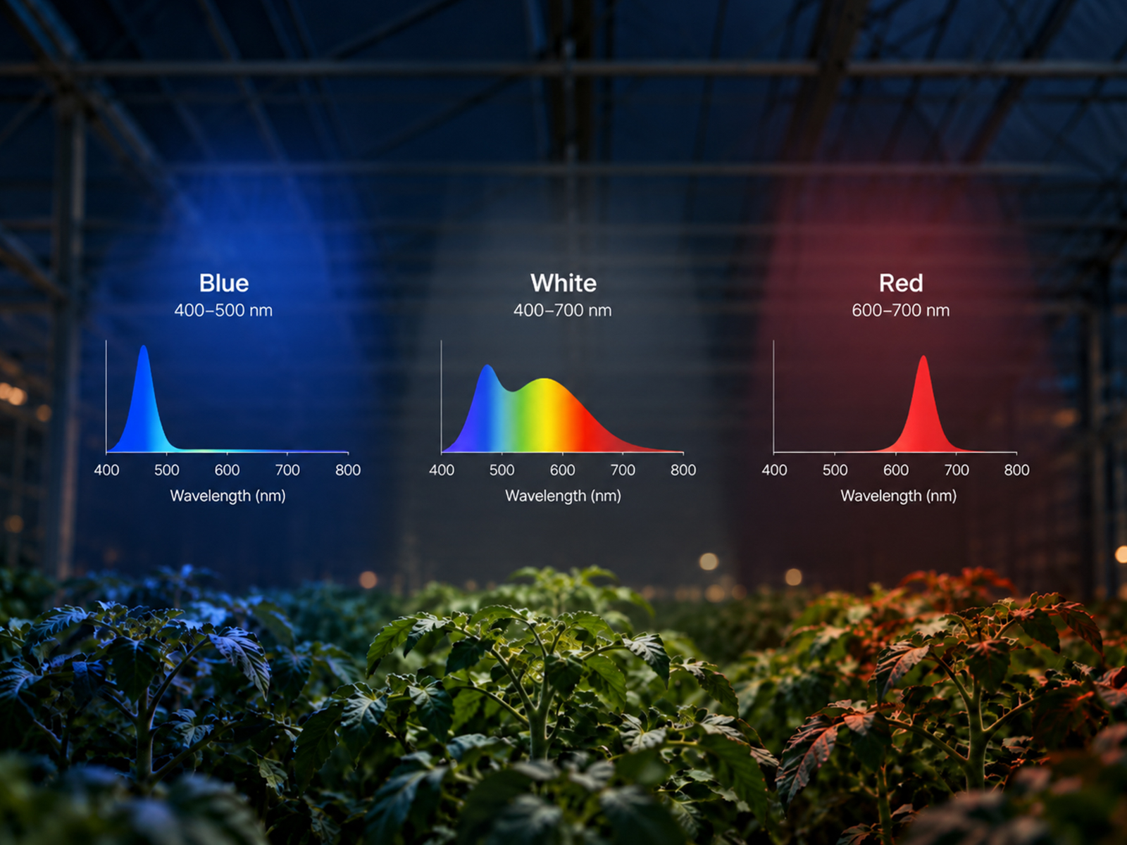 Concept diagram of independent red, blue and white spectrum channels for TopSpread 3C greenhouse lighting.