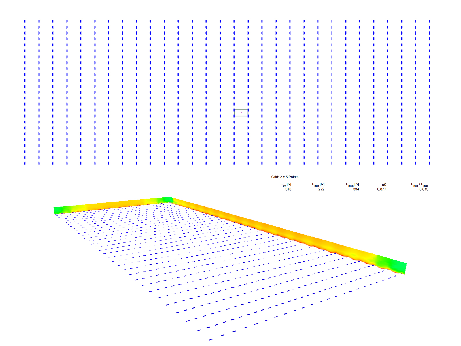 DIALux simulation showing greenhouse fixture layout and calculated light distribution for lighting project planning.