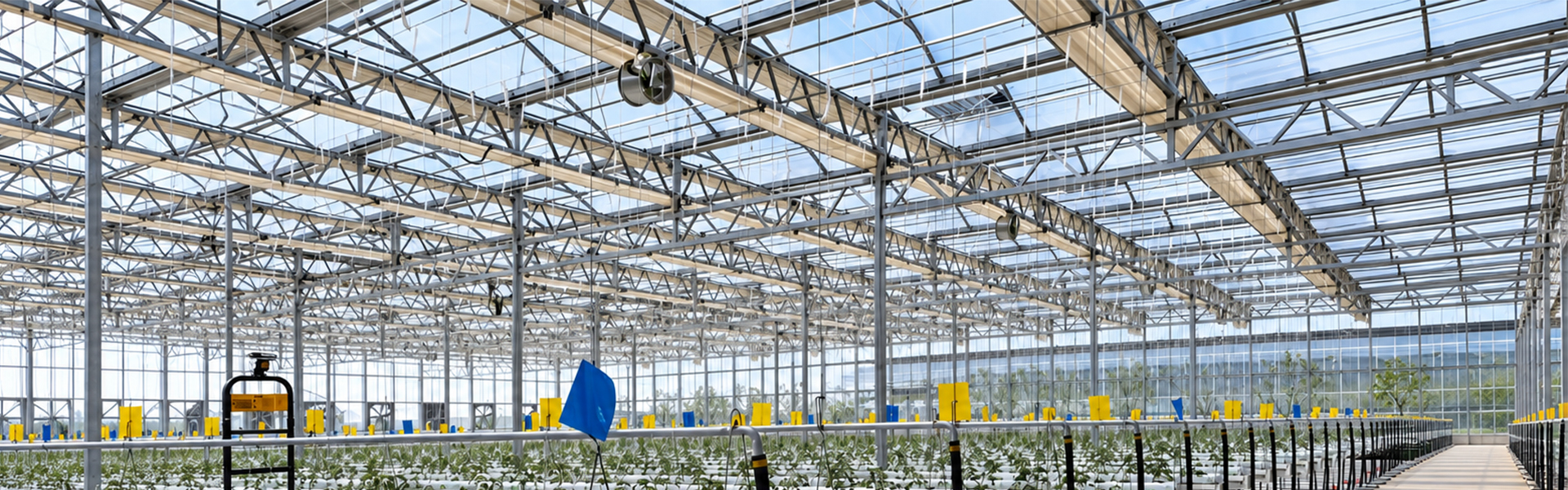 Commercial glass greenhouse interior showing roof trusses, support structures and crop-growing areas.
