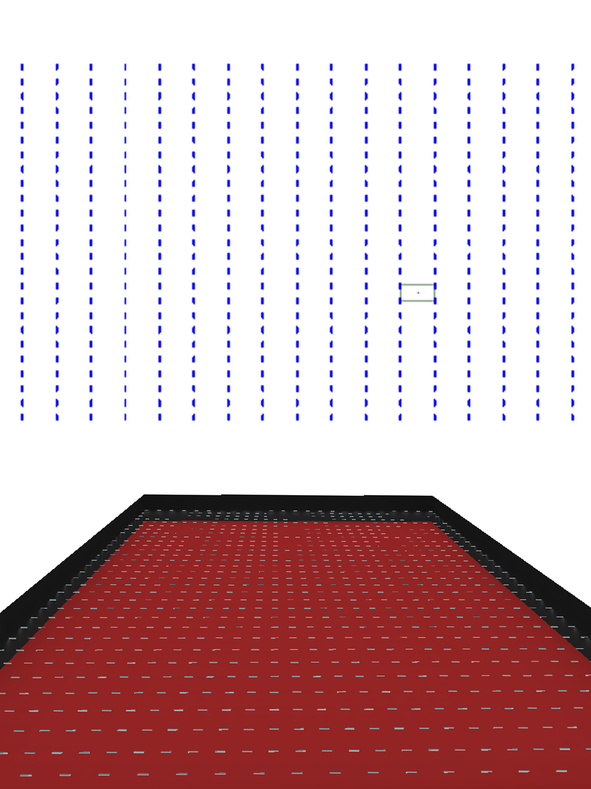 DIALux 3D simulation showing a proposed greenhouse toplight layout and lighting calculation plane.