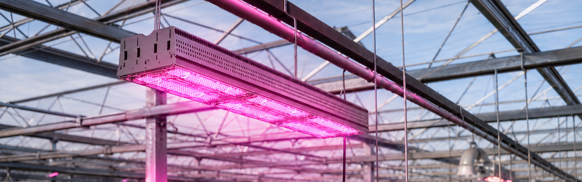 HIGROWSIR TopSpread 4C commercial greenhouse LED toplight suspended beneath a glass greenhouse roof.