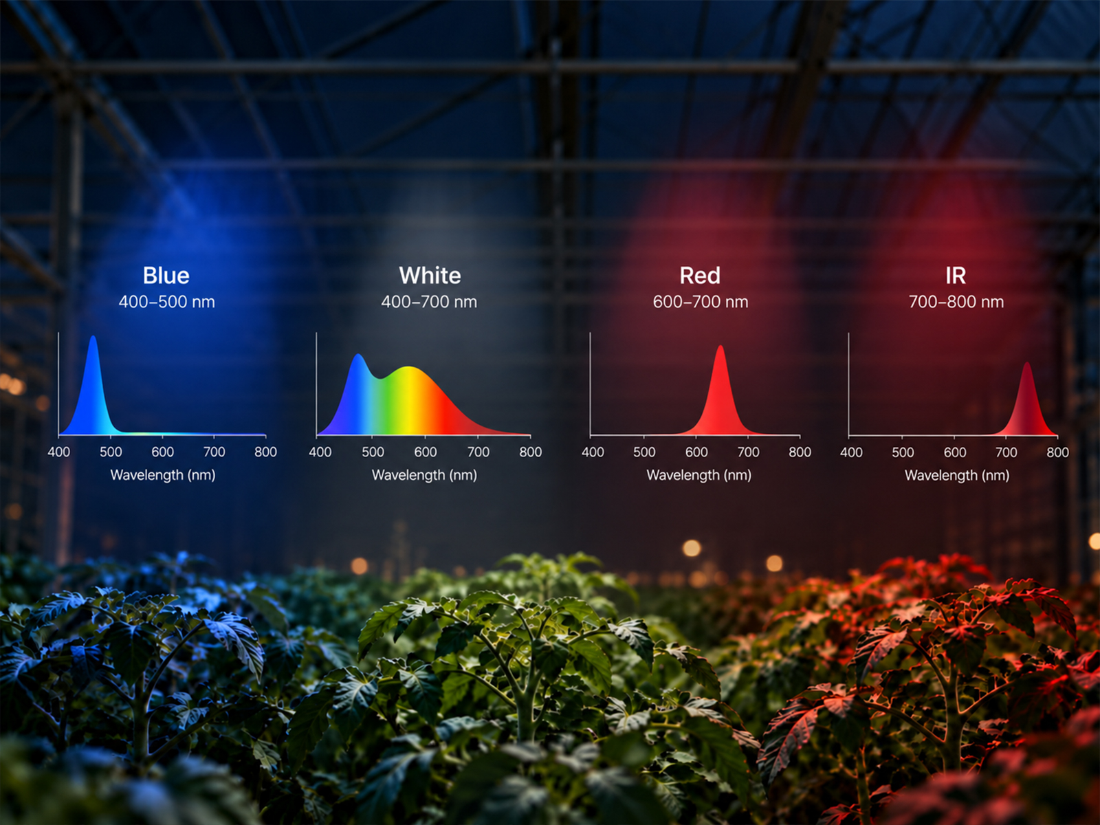 TopSpread 4C spectrum diagram showing independent blue, white, red and far-red light channels for greenhouse lighting.