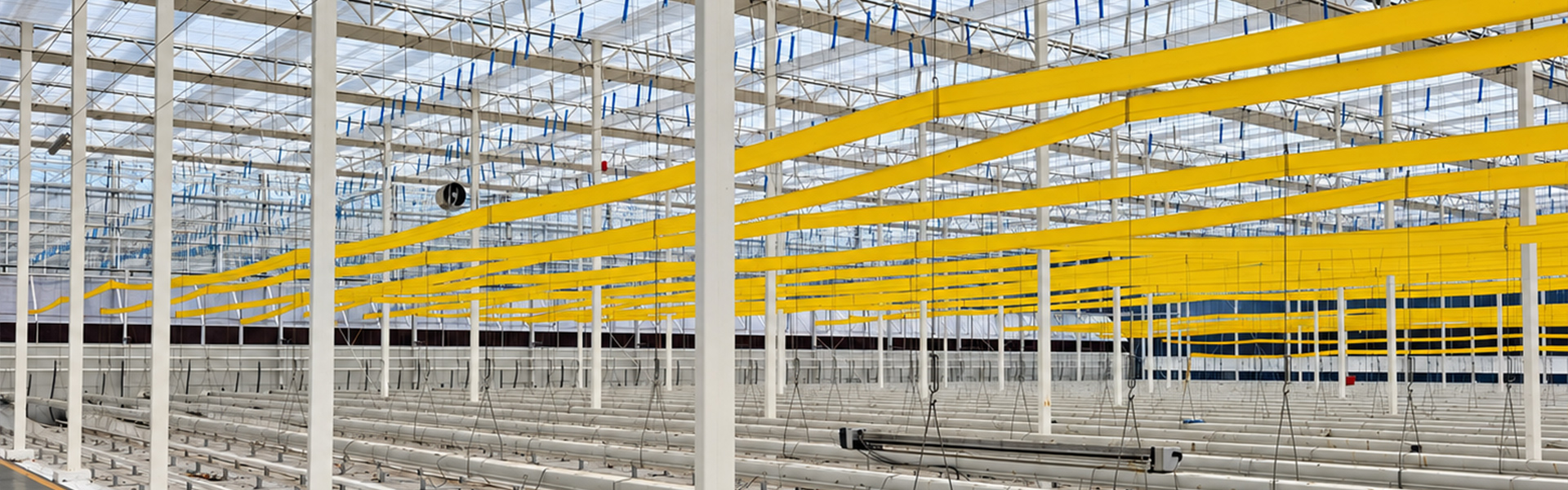 Commercial greenhouse interior with overhead support structures, suspended lighting fixtures and shade screens.