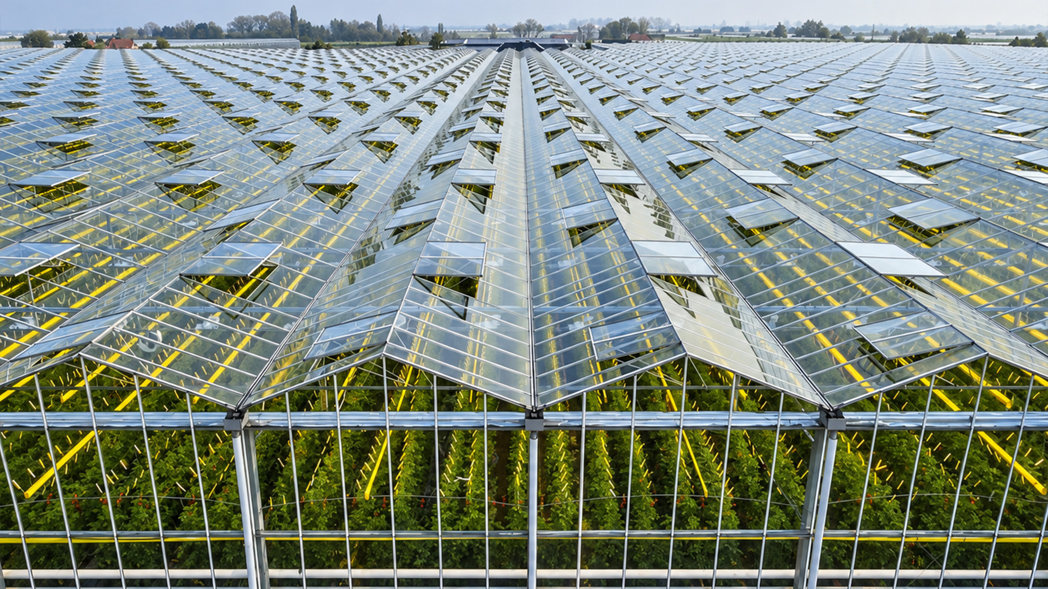 Aerial view of a large commercial glass greenhouse with extensive growing areas and roof ventilation.