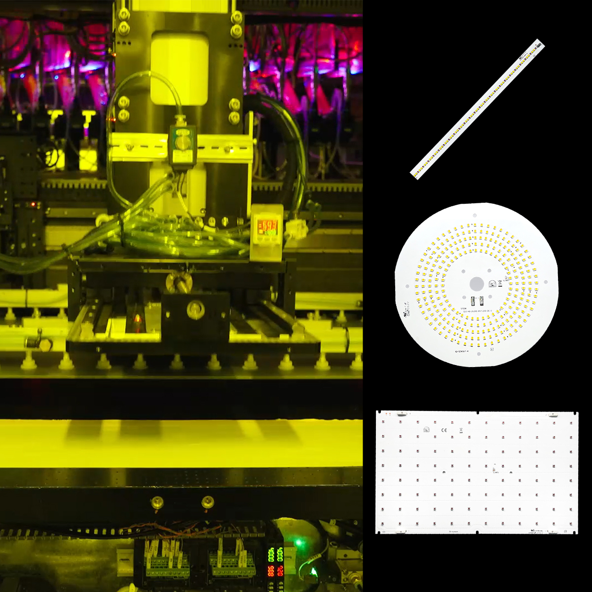 Circular and rectangular LED boards alongside production equipment for custom horticultural lighting PCBA.