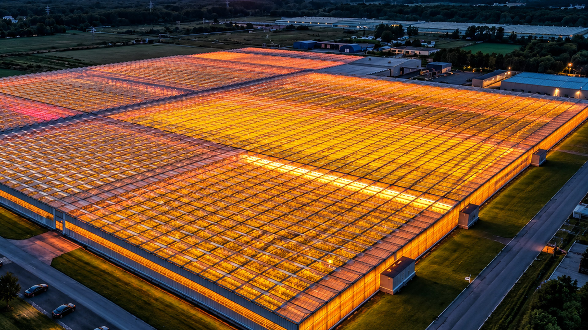 large commercial glass greenhouse operating with LED supplemental lighting at night