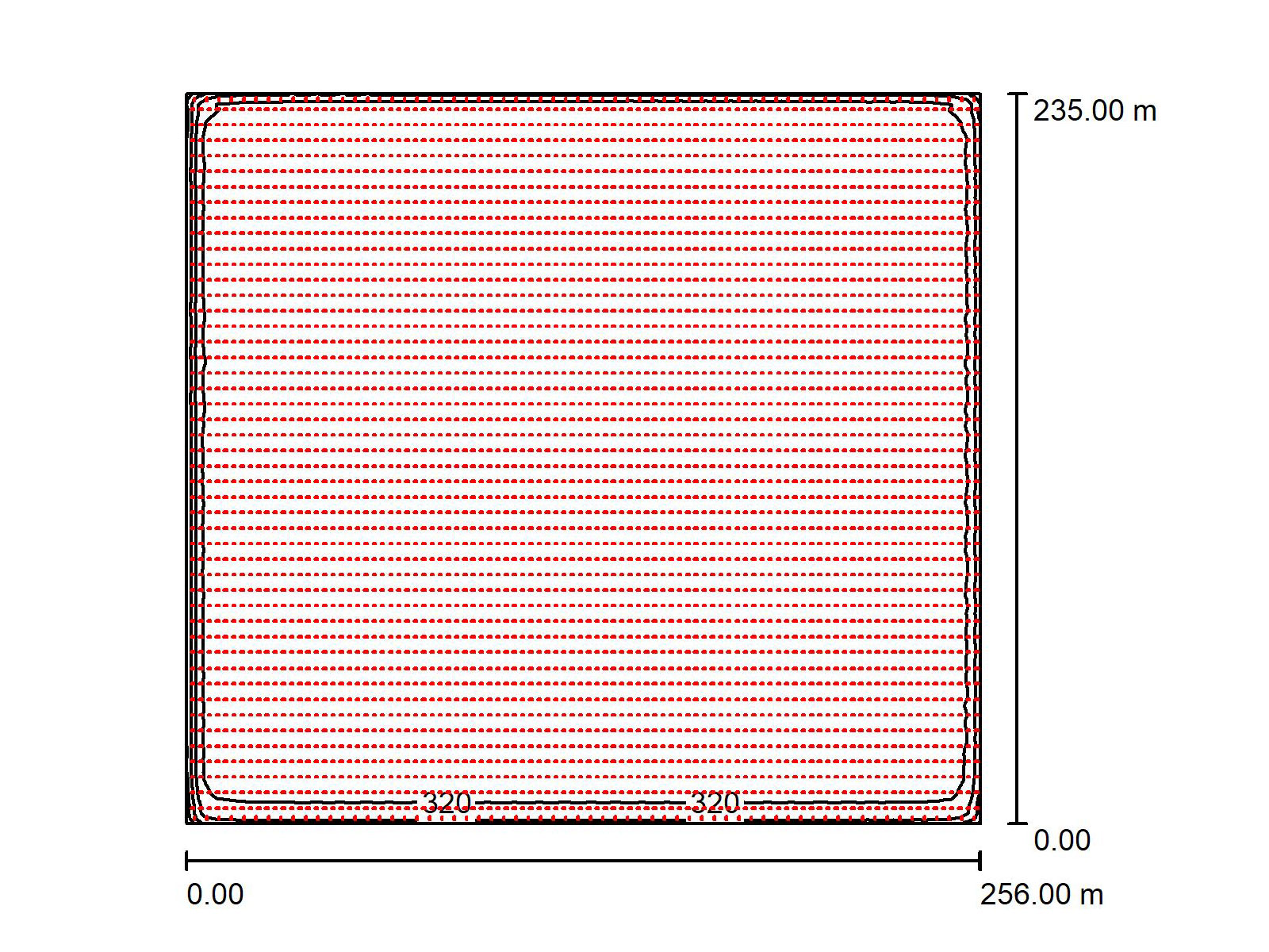 DIALux greenhouse lighting layout showing fixture positions across a 256 by 235 meter growing area